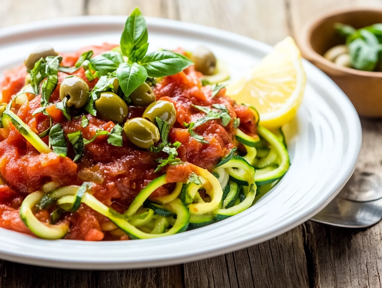 Zoodles in Mediterranean Tomato Sauce